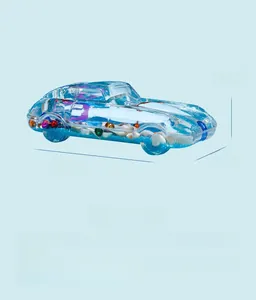 Detailed view of car-shaped resin liquid timer with shells and sand measuring 13.9cm