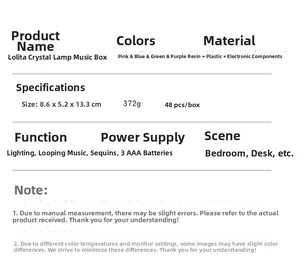Detailed specifications of the Lolita crystal night light music box with size and features