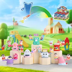 Detailed close-up of Crayon Shin-chan blind box figures on colorful display stands
