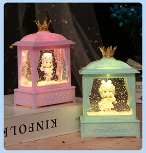 Detail of pink and mint Lolita style night lights with golden crown and cartoon girl
