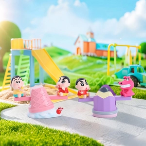 Detail of Crayon Shin-chan figurines on colorful seesaws for desk decoration