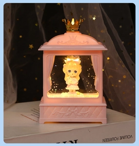 Close-up of pink Lolita night light with a golden crown and a cute girl figurine