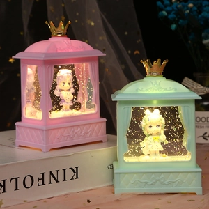 Crown Princess Music Box Night Light With Liquid Glitter Cartoon Girl Resin Desktop Decoration Birthday Gift For Kids Women