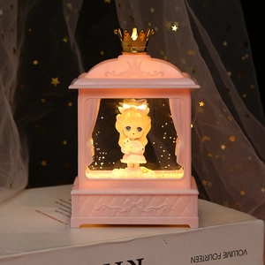 Pink crown night light with girl figurine and warm LED glow for bedroom decoration