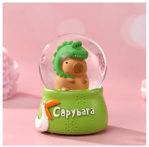 Close-up of a cute capybara in a crocodile hat inside a glowing crystal ball ornament