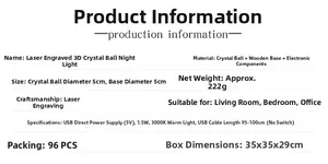Detailed technical specifications for 5cm 3D crystal ball night light with wooden base