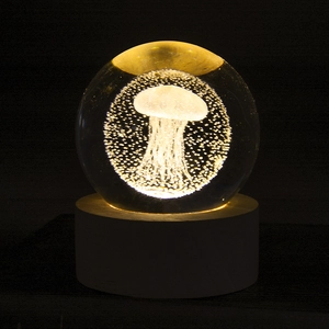 3D laser engraved jellyfish crystal ball night light with a warm LED wooden base