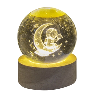 3D Galaxy Crystal Ball Night Light with Astronaut Moon Engraving and Wooden Base
