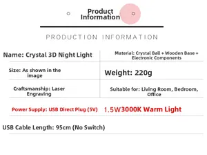 Technical specifications for 3D crystal ball night light with 3000K warm LED wood base