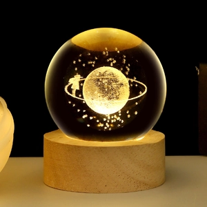 3D Saturn laser engraved crystal ball night light with a warm wood base lamp