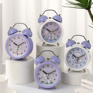 Cute Cartoon Twin Bell Alarm Clock Silent Non Ticking Battery Operated Desktop Analog Clock For Kids Student Bedroom Decor
