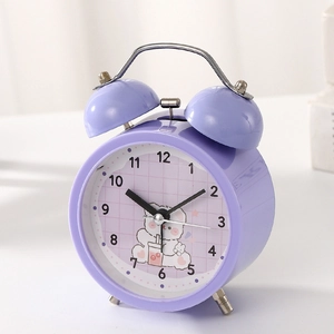 Purple double bell alarm clock with cute cartoon bear pattern on the dial for bedroom