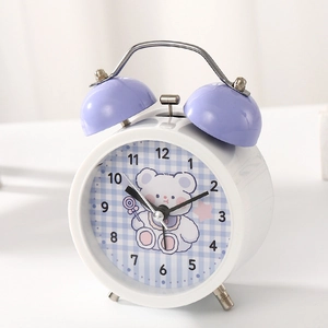Cartoon silent desk clock with vintage double bells and bear pattern for student bedrooms