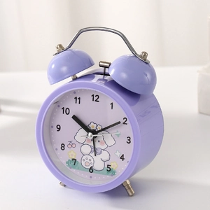 Classic purple twin bell alarm clock with cute cartoon dog illustration for student desk