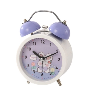 Classic white and purple twin bell alarm clock with cute rabbit design for bedside desk
