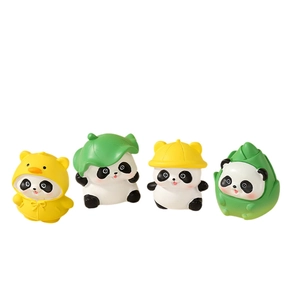 Set of four cute cartoon panda resin figurines in yellow raincoat and safety hat for desk decor