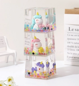 Cute unicorn crystal liquid acrylic pen holder, transparent creative stationery desk organizer.