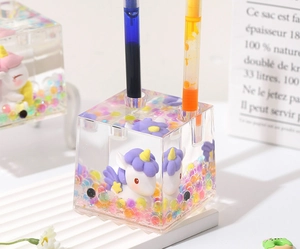 Cute unicorn liquid pencil holder acrylic transparent pen stand for desk decor