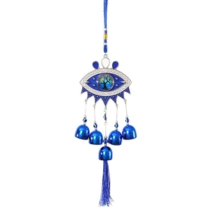 Turkish evil eye wind chime with tree of life emblem, blue bells and hanging tassel