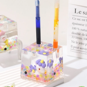 Cute unicorn acrylic liquid floating pen holder creative desktop organizer stationery stand.
