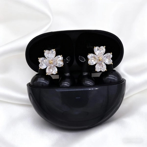 Detailed close-up of sparkling flower earrings with heart-shaped crystals on an earbud case