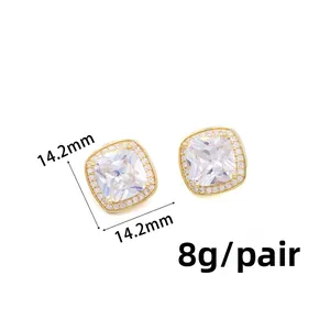 Detailed view of square cubic zirconia stud earrings with gold plating and size labels