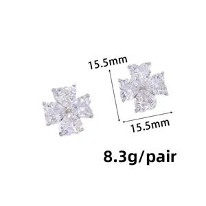 Detail view of 15.5mm clover earrings with sparkling rhinestones and silver metal finish