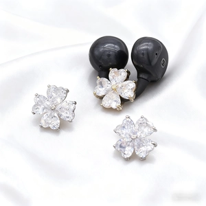 Elegant four-leaf clover earphone clip and stud earring set with clear sparkling crystals