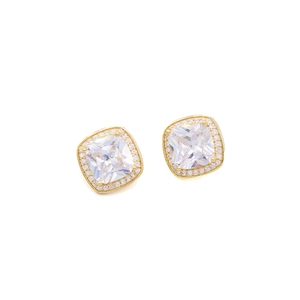 Elegant gold square halo stud earrings with a clear center stone and micro-paved crystals