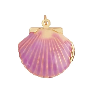 Detailansicht eines zu öffnenden Goldmuschel Medaillons mit rosa und lila Emaille-Verlauf