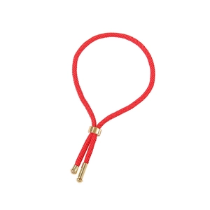 Minimalist red woven rope bracelet with adjustable gold slider and metallic tips