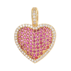 Exquisite 18K gold heart pendant with pink zircons and white diamond pave setting