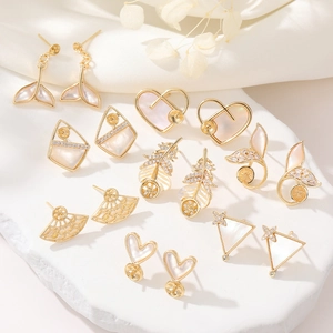 14K Gold Plated Copper Stud Earrings With 925 Sterling Silver Post Inlaid Zirconia Shell Heart Fish Tail Feather Jewelry