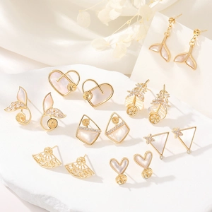 14K gold plated earrings with mother of pearl shell in heart and fishtail shapes