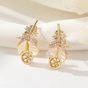 14K gold feather stud earrings with micro-set zircons and elegant white shell inlay