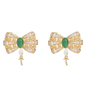 S925 silver needle bow earrings with green cat eye stone and cubic zirconia tassels