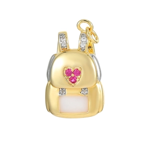 Creative 14K gold backpack pendant with pink gemstones and white enamel details