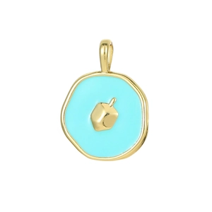 Elegant 14K gold plated round pendant with bright sky blue enamel and dreidel motif