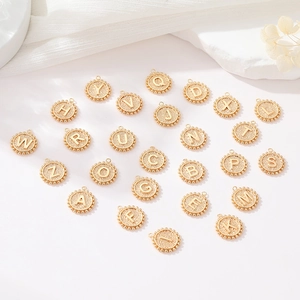 14K Gold Plated Copper Round Initial Alphabet Letter Pendant For DIY Necklace Bracelet Jewelry Making Beaded Edge Charm Accessories