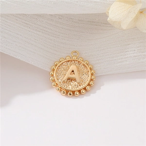 14K gold plated round letter A pendant charm with textured finish for DIY jewelry