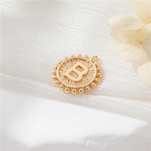 14K gold plated round alphabet B charm pendant with bead edge for DIY jewelry making
