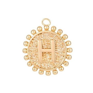 14K gold plated round letter H pendant featuring granular texture and beaded edge design