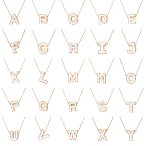 Golden 14K plated 26 letters bead pendant necklaces with white enamel drip oil finish