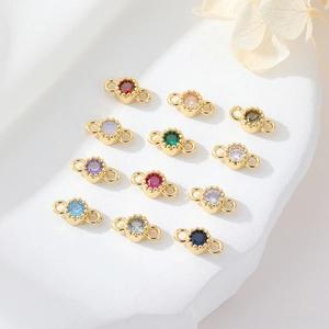 14K Gold Plated Copper Birthstone Zirconia Round Double Loop Connector Pendants For DIY Jewelry Making Necklace Bracelet Accessory