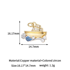 Detailed sailboat charm measurements showing 16.17mm height in gold copper with blue zircons