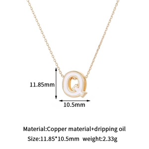 Detailed dimensions of letter Q pendant in 14K gold plated copper with white enamel