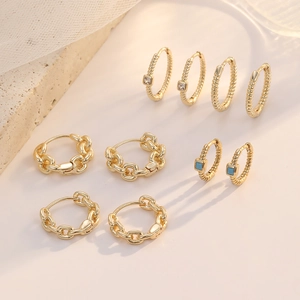 14K Gold Plated Copper Hoop Earrings With 925 Silver Post Chain Link Twisted Design Zircon Turquoise Jewelry For Women