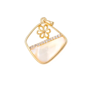 14K gold plated rhombus pendant with hollow flower, zircon and shell inlay