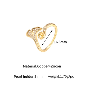 Ginkgo leaf open ring in copper with zircon and 5mm pearl setting for DIY jewelry