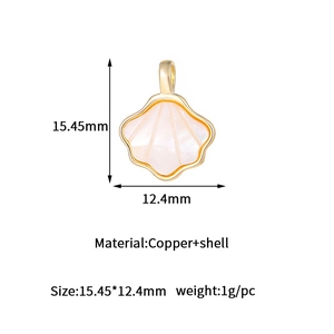 Detailed view of gold plated copper pendant with pink shell inlay and dimensions